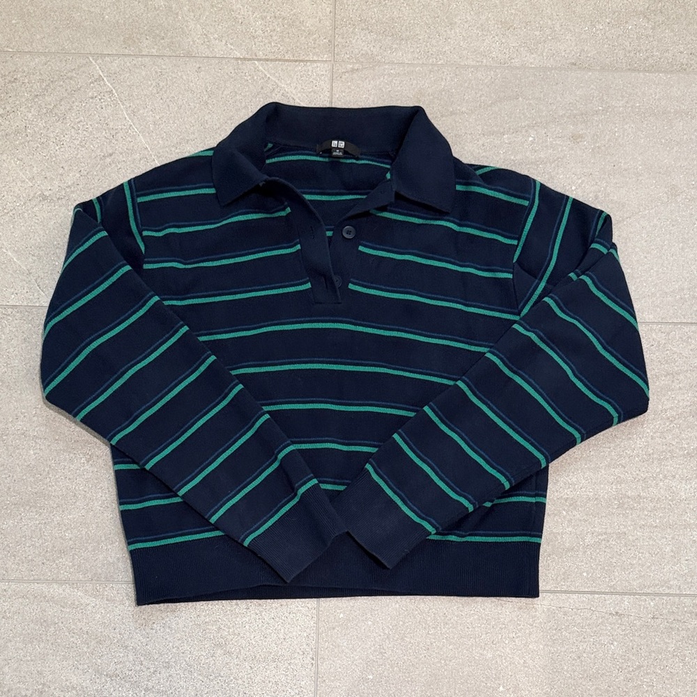 Uniqlo Navy and Green Striped Polo Sweater